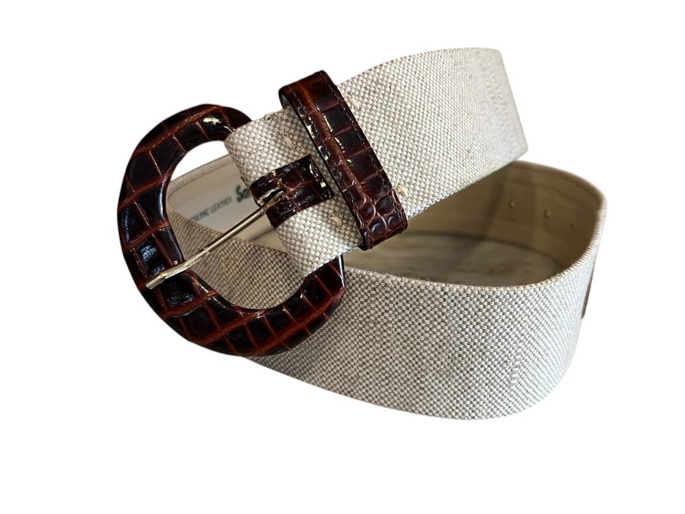 Sandy Duftler Linen & Leather Trim Wide Statement Belt Oatmeal Brown